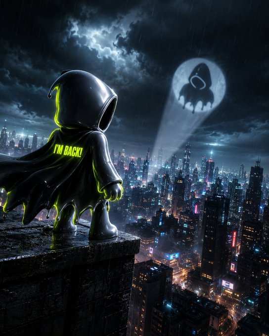 A digital illustration of a small black-caped character with green glowing outlines standing on a rooftop overlooking a rainy city skyline, with a beam of light in the sky showing a hooded figure silhouette; the character's cape reads 'I'M BACK!'.