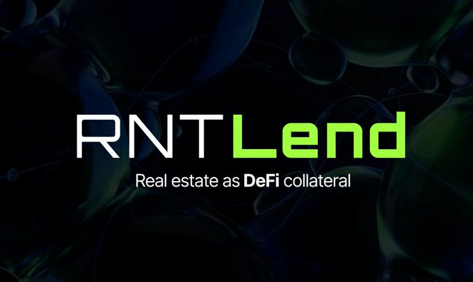 A dark digital promotional banner for 'RNTLend' with the tagline 'Real estate as DeFi collateral,' featuring a subtle network/bubble pattern background.