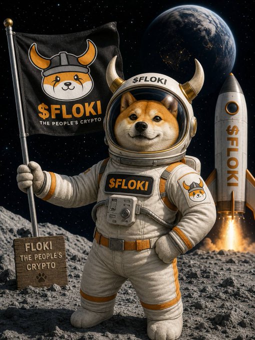 A digital illustration of a Shiba Inu dressed as an astronaut in a white spacesuit with $FLOKI branding, holding a black "$FLOKI - The People's Crypto" flag and a "FLOKI The People's Crypto" wooden sign, standing on the moon with a rocket and Earth in the background.