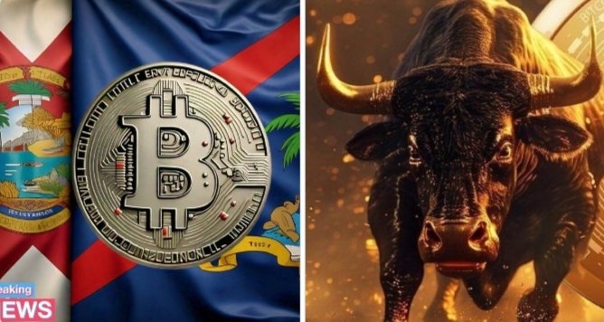 A side-by-side image featuring Florida's state flag with a Bitcoin coin overlaid on the left, alongside a charging bull on the right, symbolizing the bullish momentum of the state's recent 37-0 vote to become a major U.S. crypto hub.