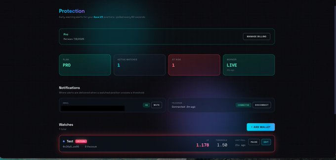 The image shows an error message screen for a website that seems to be related to a cryptocurrency or digital wallet service, but there are no specific details about the content displayed. The focus of this particular post should be on the advice given regarding managing wallet positions in relation to liquidations and monitoring email or telegram notifications when wallet values drop below a certain level.