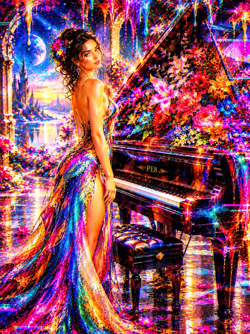 A vibrant digital artwork of a woman in a flowing, colorful gown standing beside a grand piano surrounded by flowers.