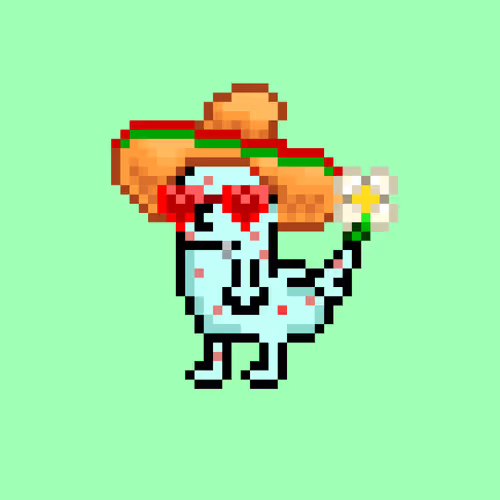 A pixel art animation of a light blue character wearing a large sombrero and holding a white flower against a green background.