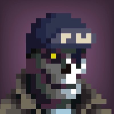 A pixel art style character wearing a dark cap and sunglasses against a purple background.