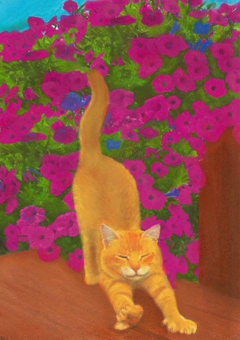 A painted artwork of an orange tabby cat stretching with its tail up, set against a vibrant background of pink and magenta flowers with green foliage.