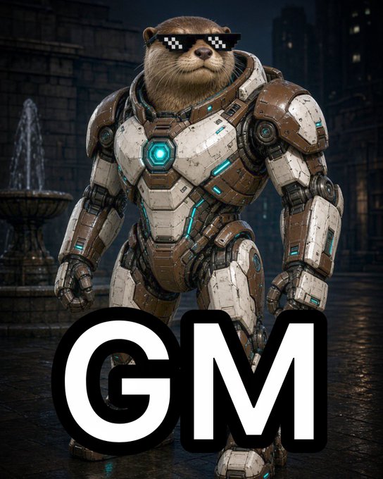 A bear wearing sunglasses is encased in futuristic white and brown mechanical armor, standing in a city street with large white letters spelling 'GM' at the bottom.
