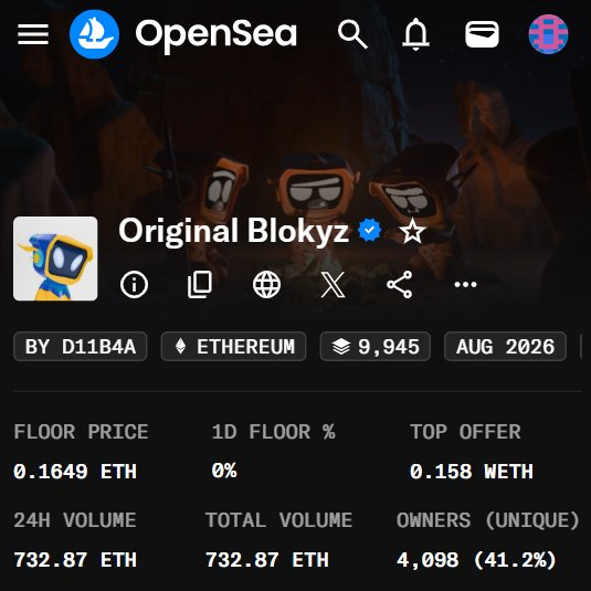 An OpenSea collection page for 'Original Blokyz' on the Ethereum network, showing a floor price of 0.1649 ETH, 24h volume of 732.87 ETH, and 4,098 unique owners.