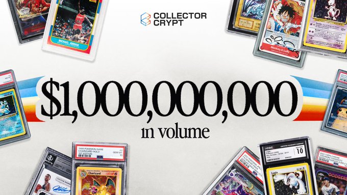The image is a promotional graphic from Collector Crypt celebrating $1,000,000,000 in trading card volume, featuring various graded sports and Pokémon cards surrounding the bold text and the Collector Crypt logo at the top. It appears to be congratulating giveaway winners from Instagram (@w3embee) and YouTube (@effinityysol) for their $250 Legendary Packs, likely shared to highlight the platform's milestone achievement alongside the contest announcement.