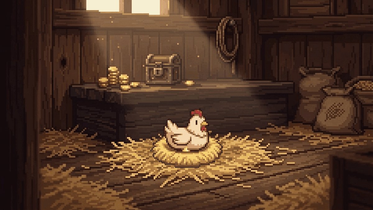 urn of gold coins, wooden chest with a keyhole, and a window with a rope ladder are present in the center of a room painted in shades of brown and gray.