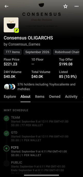 OpenSea-style NFT listing page for 'Consensus OLIGARCHS' by Consensus_Games, showing 777 items, floor price $221.23, and mint schedule starting September 2026 on Robinhood Chain.