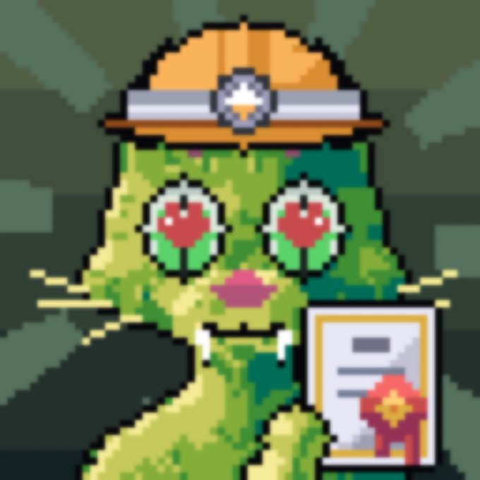 A pixel art illustration of a green, zombie-like cat character with large red apple-patterned eyes, fangs, and an orange construction helmet, holding a certificate with a red ribbon seal.