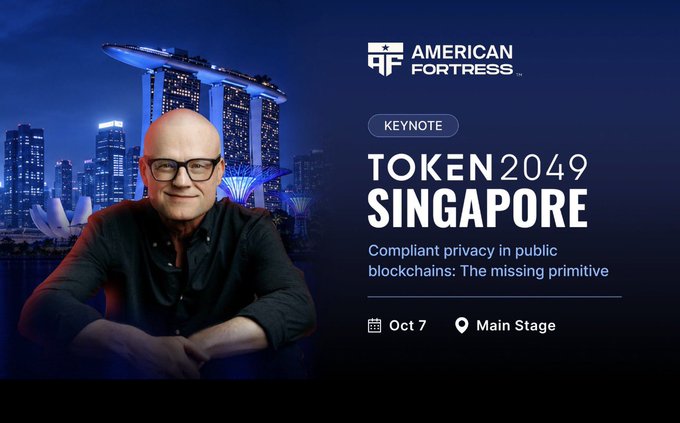 A promotional graphic for a TOKEN 2049 SINGAPORE keynote by American Fortress, scheduled for October 7 on the Main Stage, featuring a man in glasses.