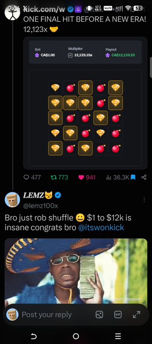 A screenshot of a Kick.com post showing a gambling slot game with a multiplier of 75,125.10x and a payout of CA$12,123.23, accompanied by a reply from user @lemz100x congratulating @itswonkick on turning $1 to $12k.