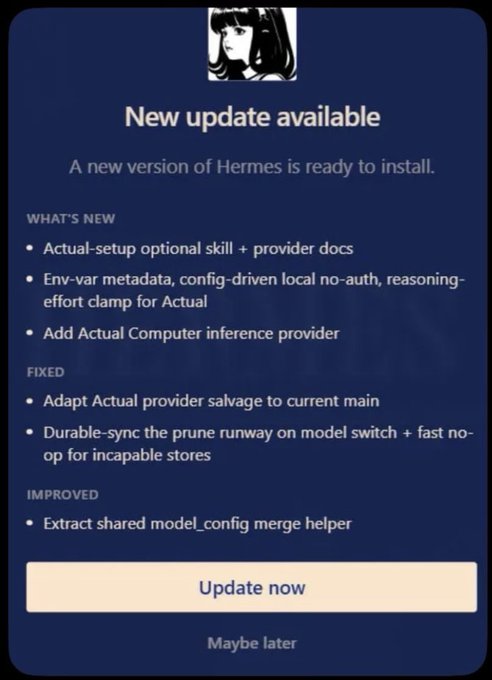 An update notification for Hermes displays new features including Actual-setup optional skill, provider docs, and the addition of Actual Computer inference provider, with a prominent "Update now" button. The accompanying post highlights excitement about the Hermes Agent update specifically noting the inclusion of @actualinc's Bittensor Subnet 95.