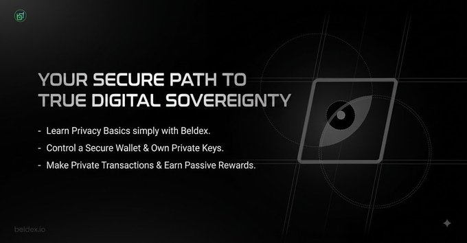 A black promotional graphic titled 'YOUR SECURE PATH TO TRUE DIGITAL SOVEREIGNTY' by beldex.io, listing features like Privacy Basics, Secure Wallet, and Private Transactions.