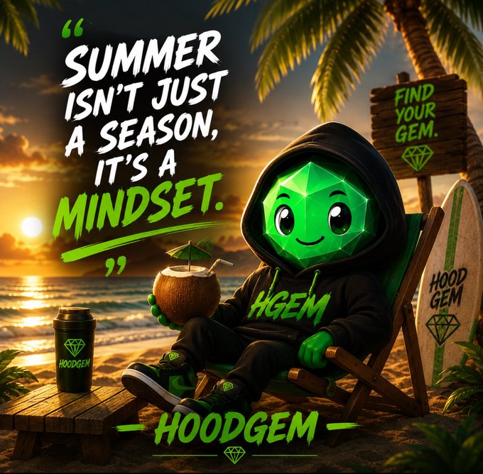 A promotional graphic featuring a green gem-headed mascot in a hoodie on a beach chair, with text reading 'SUMMER ISN'T JUST A SEASON, IT'S A MINDSET' and 'HOODGEM - FIND YOUR GEM'.