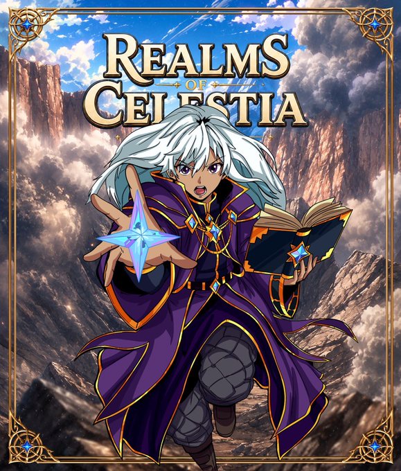 The image features the title "REALMS OF CELESTIA" at the top and depicts Aster, the Lumen Scholar—a white-haired mage in purple robes wielding a glowing blue star and holding an enchanted book—set against a dramatic mountainous backdrop, which aligns with the Day 11 post introducing this character for the @EnterCelestia project.