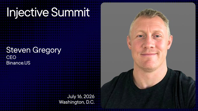 A promotional graphic for the Injective Summit features a headshot of Steven Gregory, CEO of Binance.US, with event details noting it takes place on July 16, 2026, in Washington, D.C. The design pairs his professional portrait with the event branding to introduce him as a featured speaker, aligning with the announcement about Binance.US's role in the summit.