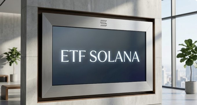 A digital display in a modern office setting showing the text 'ETF SOLANA' with the Solana logo above it.