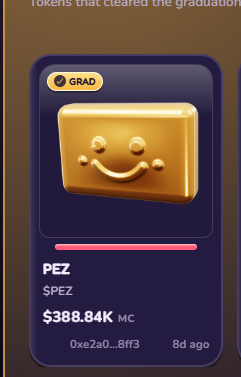 A mobile app screen displaying a digital collectible token named 'PEZ' with a golden smiling bar graphic, showing a market cap of $388.84K MC.