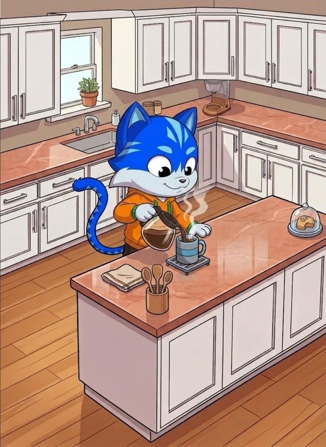 The image features a cartoon cat standing at an island countertop, pouring coffee into a cup with a smile on its face. The kitchen setting includes white cabinets lining the walls, a sink, and various items such as a potted plant, a vase, and a bowl of fruit. The post reads "Good morning $Toshi famz", which is likely a greeting or message from someone named Toshi.