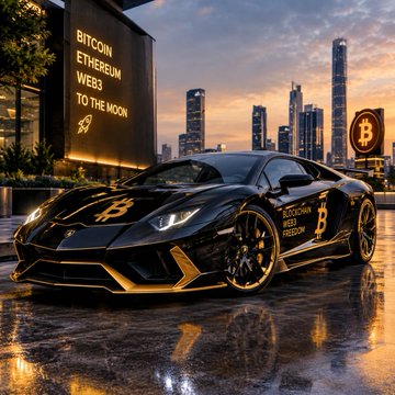 A black Lamborghini with gold Bitcoin decals parked in a city at sunset, with a billboard reading 'BITCOIN ETHEREUM WEB3 TO THE MOON' alongside a Bitcoin logo.