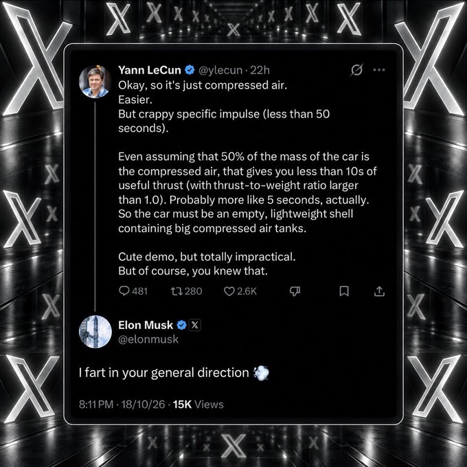 A screenshot of an X post thread shows Yann LeCun (@ylecun) giving a technical critique of a compressed-air car demo, calculating it would provide "less than 10s of useful thrust," followed by Elon Musk (@elonmusk) replying "I fart in your general direction 💨" at 8:11 PM on 18/10/26 with 15K views.