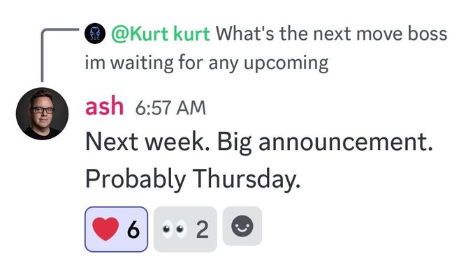 A Slack screenshot showing user "@Kurt" asking "What's the next move boss im waiting for any upcoming," to which "ash" replies at 6:57 AM, "Next week. Big announcement. Probably Thursday," with the message receiving 6 heart reactions and 2 eye emojis—aligning with the post's note that a Perceptron team member hinted at a major announcement likely occurring Thursday next week.