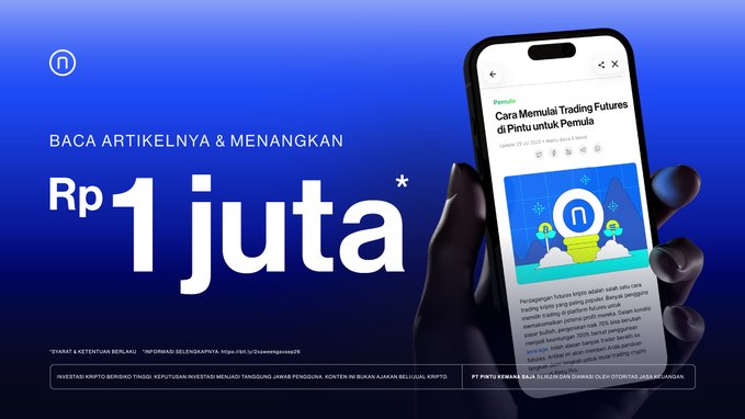 The image is a promotional graphic for a Pintu Academy giveaway, featuring a hand holding a smartphone displaying an article titled "Cara Memulai Trading Futures di Pintu untuk Pemula" on a blue background, with text announcing a chance to win "Rp 1 juta" by reading articles, matching the post's details about a giveaway contest on pintu.co.id/academy.