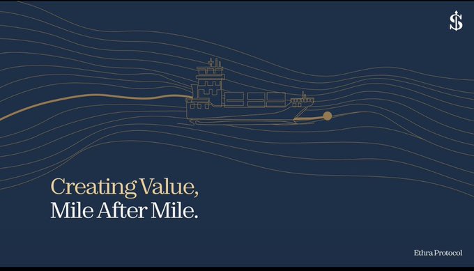 A promotional banner for Ethra Protocol featuring an illustration of a ship on stylized waves with the tagline "Creating Value, Mile After Mile." on a dark navy background.