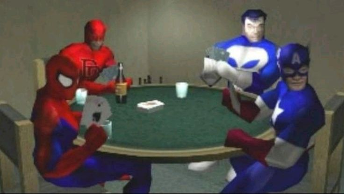 Four costumed superheroes—two in red Spider-Man suits and two in blue Captain America suits—sit around a circular green table in a dimly lit room.