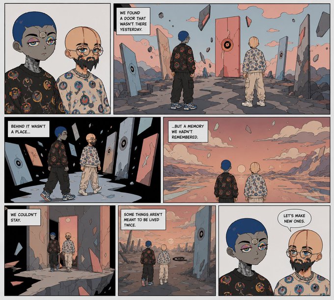 A six-panel comic strip featuring two characters exploring a surreal landscape with floating doors and monoliths, with dialogue including "We found a door that wasn't there yesterday" and "Let's make new ones."