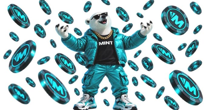 A 3D illustration of an anthropomorphic polar bear wearing sunglasses, a teal jacket and pants, and a black 'MINT' shirt, standing with arms raised as 'M' branded coins fall around it.