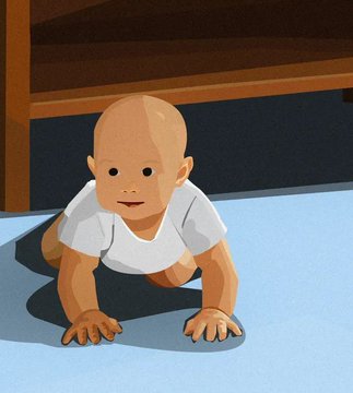 An illustration of a baby crawling on a light blue surface, wearing a white shirt, with a wooden piece of furniture in the background.