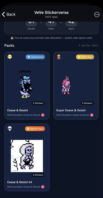A mobile screenshot of the VeVe Stickerverse mini app displaying three pack tiers from "Matt Gondek's Cease & Desist" collection: an Uncommon pack (5 Stickers), Ultra Rare "Super Cease & Desist" pack (5 Stickers), and a Secret Rare "Cease & Desist 64" pack (5 Stickers). The post highlights acquiring 4 items from the whitelist sale of this limited-edition pixel art sticker collection.