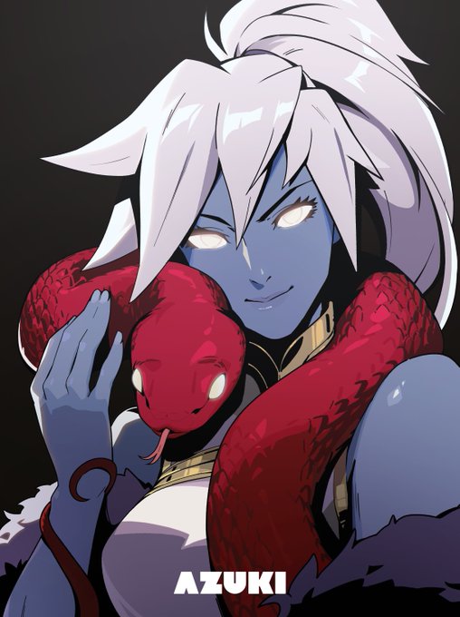 An anime-style illustration of a blue-skinned character with white hair and glowing eyes, affectionately holding a red snake, with 'AZUKI' text at the bottom.