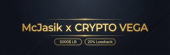 Promotional banner for a "McJasik x CRYPTO VEGA" collaboration, featuring a dark background with gold text highlighting "5000$ LB" (Leaderboard) and "20% Loseback" offers that align with the deal terms mentioned in the post.