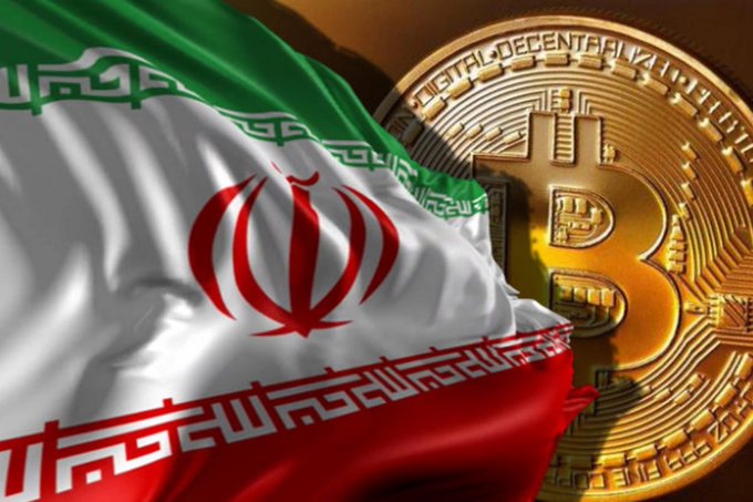 The image shows the Iranian flag alongside a large gold Bitcoin coin with "DIGITAL DECENTRALIZED PEER TO PEER" inscribed on it, visually representing the intersection of Iran's national identity with the cryptocurrency sector that the U.S. Treasury's expanded sanctions now target as of August 24.