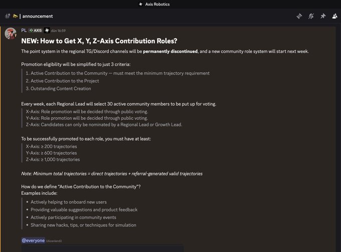 A Discord announcement from 'Axis Robotics' in the '#announcement' channel explaining the new X, Y, Z-Axis Contribution Roles system, detailing point criteria, promotion eligibility, and trajectory requirements.