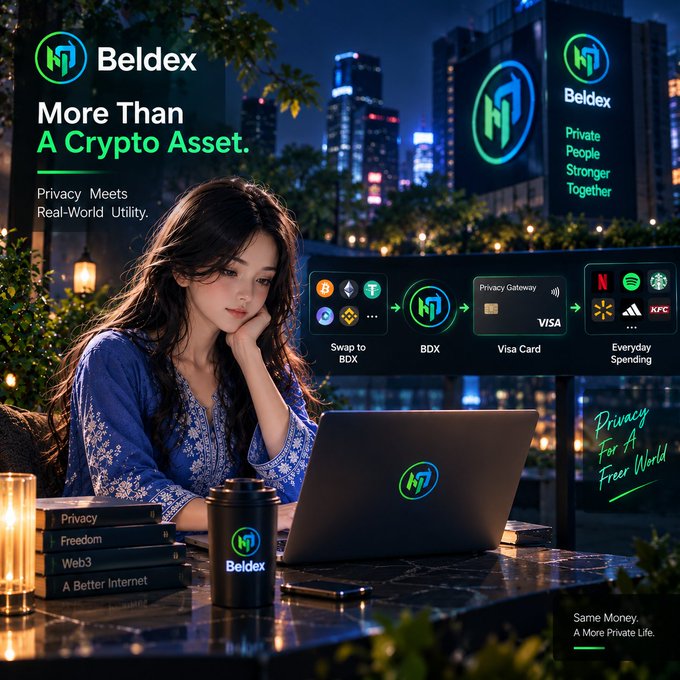 A promotional banner for Beldex cryptocurrency with the tagline 'More Than A Crypto Asset. Privacy Meets Real-World Utility,' featuring an AI-generated woman using a laptop with the Beldex logo, surrounded by imagery showing crypto-to-Visa-card conversion for everyday spending at retailers like Netflix, Spotify, Starbucks, Walmart, Adidas, and KFC.