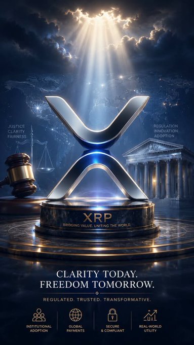 The image features an award, possibly a trophy or plaque, with the letters "XRP" written on it. The background of the image shows a courthouse building, which suggests that this award might be related to a legal case involving cryptocurrency regulation. The text in the image reads "Clarity Today. Freedom Tomorrow. Regulated. Trustworthy. Transformative." This message emphasizes the importance and impact of the XRP project or initiative.