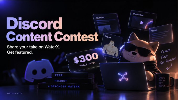 A promotional graphic for a 'Discord Content Contest' on WaterX featuring a $300 prize pool, encouraging users to share takes on WaterX for a chance to get featured.