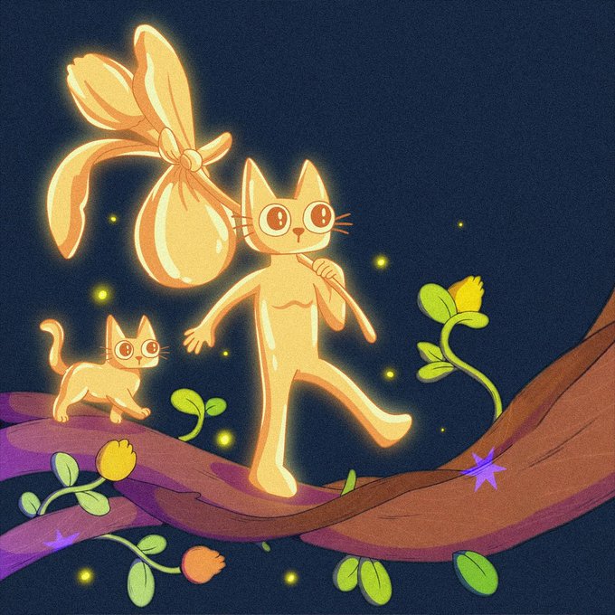 A whimsical illustration depicts a glowing orange cat-like creature walking along a branch while carrying a large bundle on a stick, followed by a smaller cat.