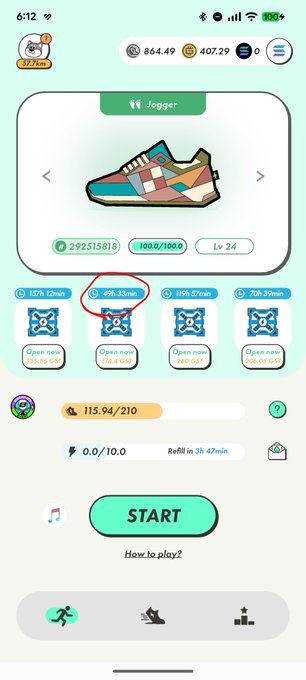 The image shows a phone screen displaying an app called "Stepn" with a pair of shoes displayed on the screen, along with some other information about the app. The text on the screen reads "今日のSTEPN♪ 開封まであと丸二日 早く中身見たいけどブーストはガマンw #stepn". This post is about a new app called "Stepn" that features shoes, and it seems to be related to the shoe shopping experience.