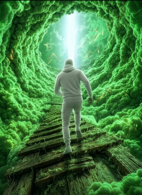 A surreal digital artwork depicting a person in a white hoodie and pants walking up a path made of wooden planks through a tunnel of green clouds, with a bright light and golden symbols at the top.