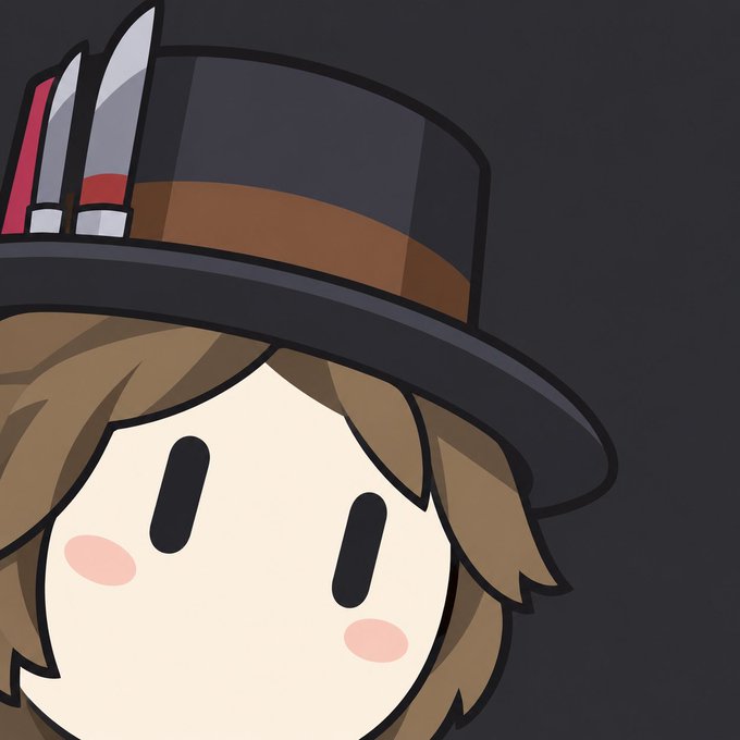 A simple cartoon illustration of a character with brown hair and rosy cheeks wearing a black top hat with a red and silver accent, set against a dark gray background.