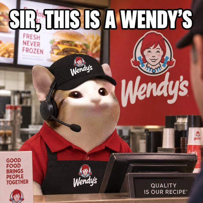 A humorous image of a cat wearing a Wendy's uniform and headset, with the caption "SIR, THIS IS A WENDY'S" displayed above.