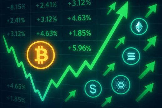 A digital graphic displays cryptocurrency market trends with green upward arrows, percentage changes, and icons for Bitcoin, Ethereum, Solana, and Cardano on a dark blue background.