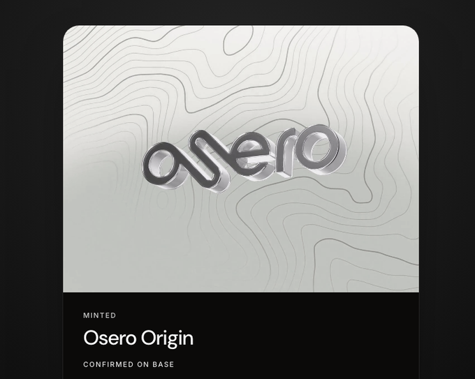 A silver metallic logo reading 'osero' on a topographic-patterned background, labeled 'MINTED Osero Origin CONFIRMED ON BASE' at the bottom.