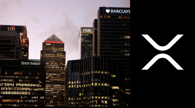 A split image shows the illuminated skyscrapers of Canary Wharf featuring logos for Citi, State Street, HSBC, and Barclays on the left, with a large white XRP (Ripple) logo on a black background on the right.